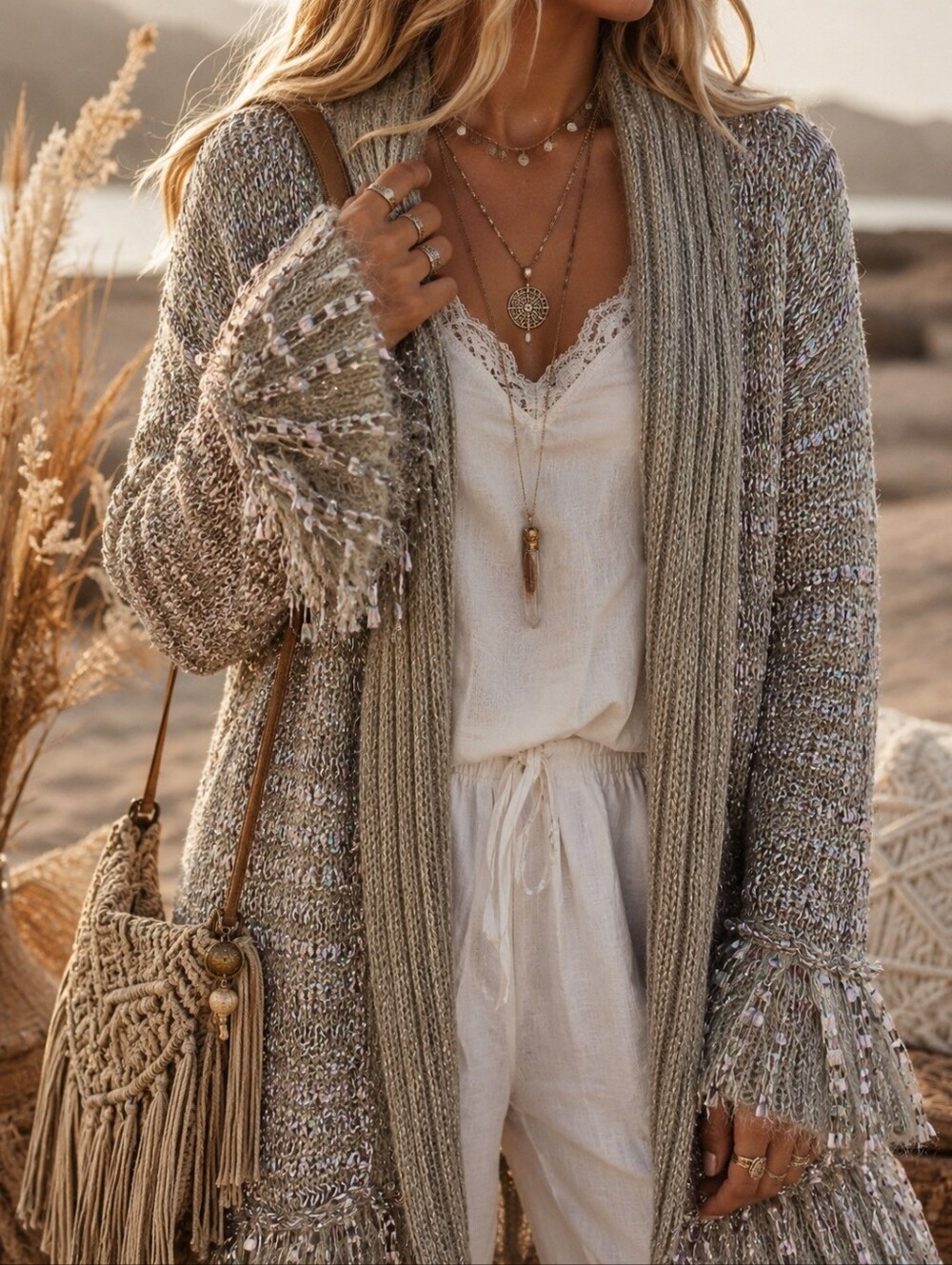 Sioni Boho Fringe Open Cardigan Duster Iridescent Festival Beach Sweater Taupe